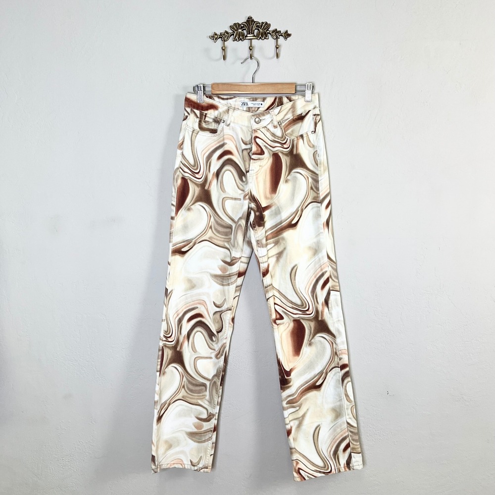 Zara Jeans Abstract Swirl Print Women Size 4 Brown Tan Marble Straight Leg Denim